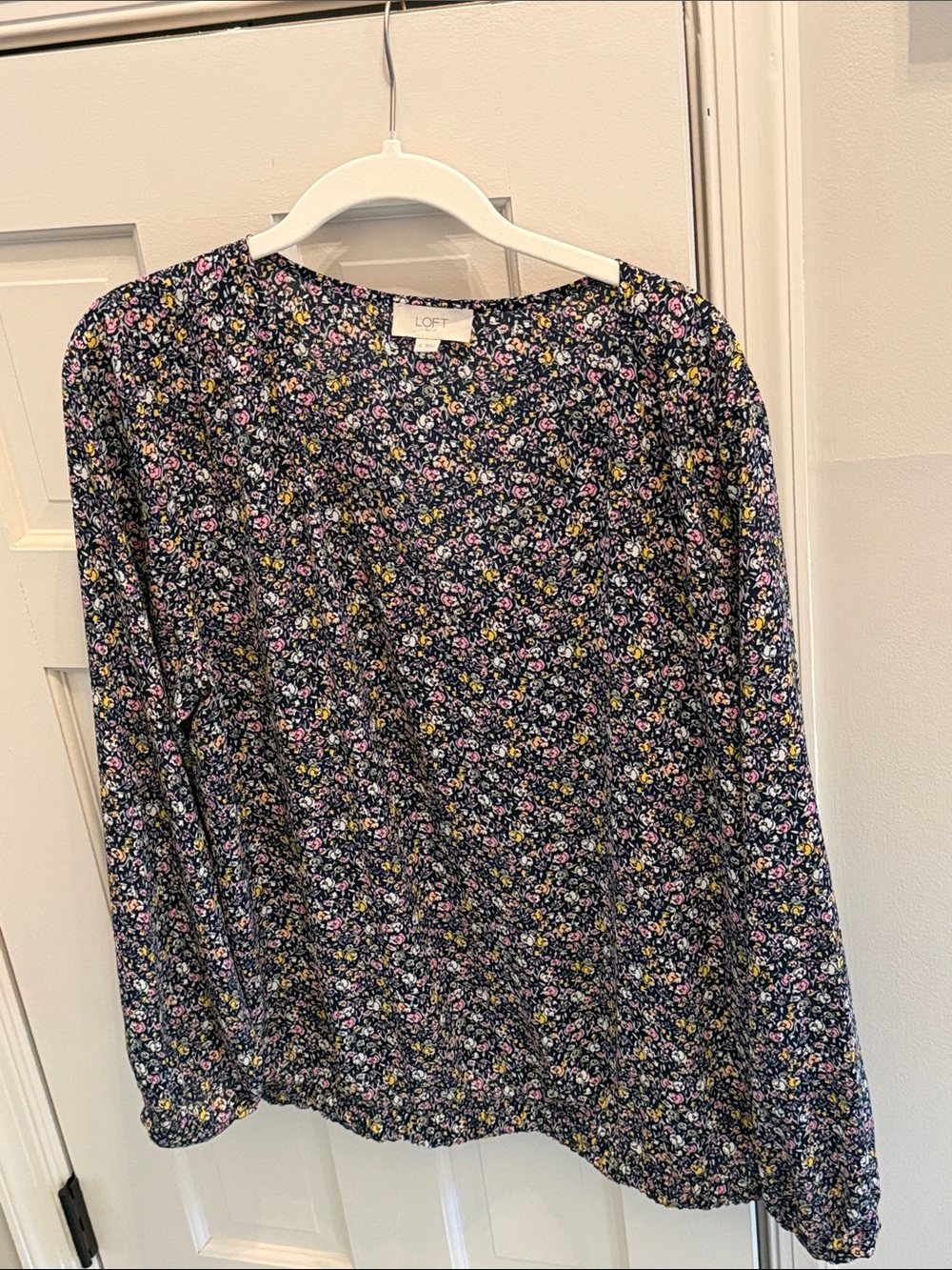 LOFT Navy Floral Long-Sleeve Top with Pink and Yellow Accents